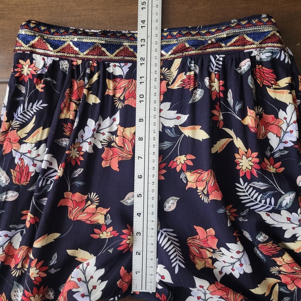 Jaase Floral Wide Leg Palazzo Pants Navy Orange Boho Sequin Waist Small Festival - Picture 7 of 9